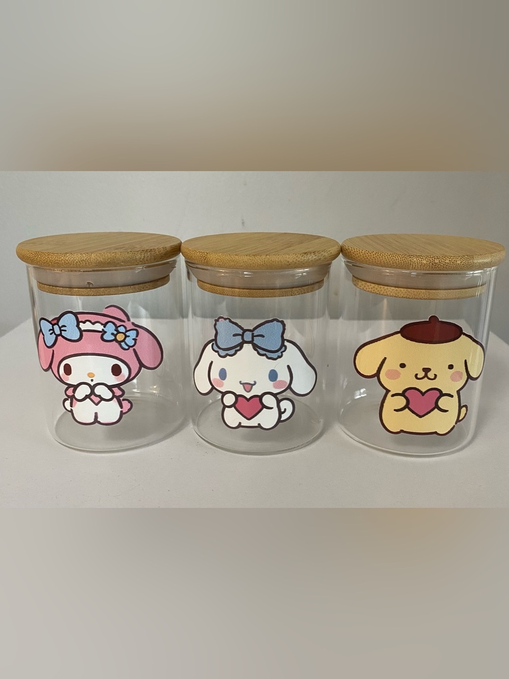 NEW Hello Kitty and Friends 3 set Glass Treat Jars with Bamboo Lids 8oz/240ml